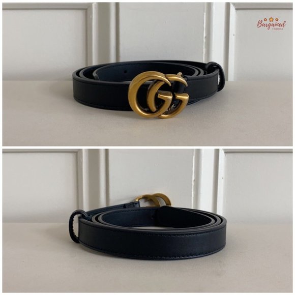 Authentic Gucci Black Smooth Leather Slim Signature Double G Buckle Belt 85/34 main image 5